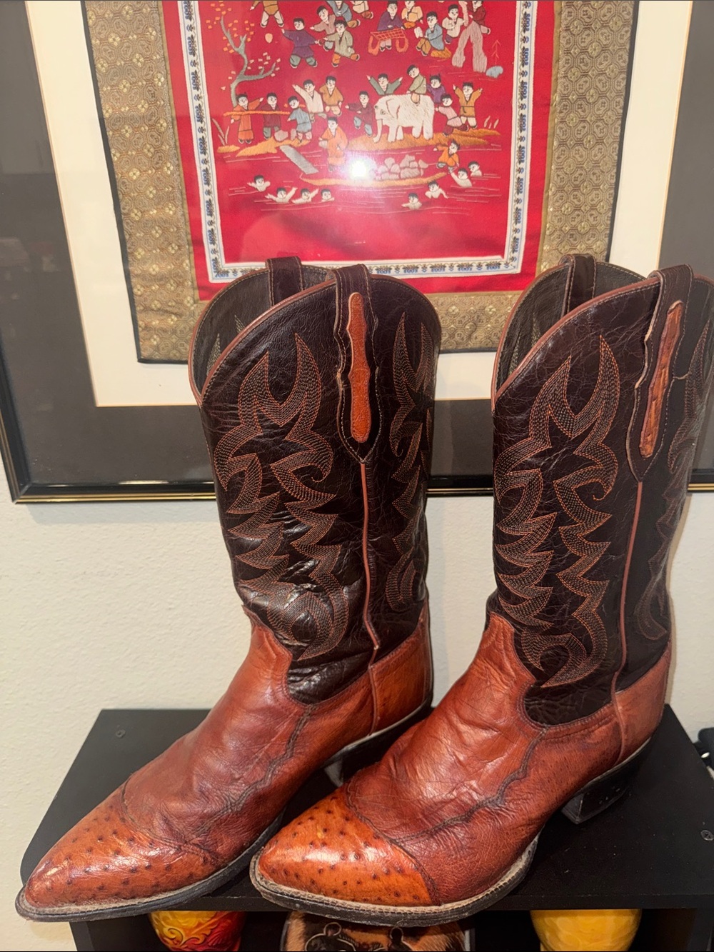 TONY LAMATwo-Tone Brown Leather w/ OSTRICH VAMP Western Boots-11D